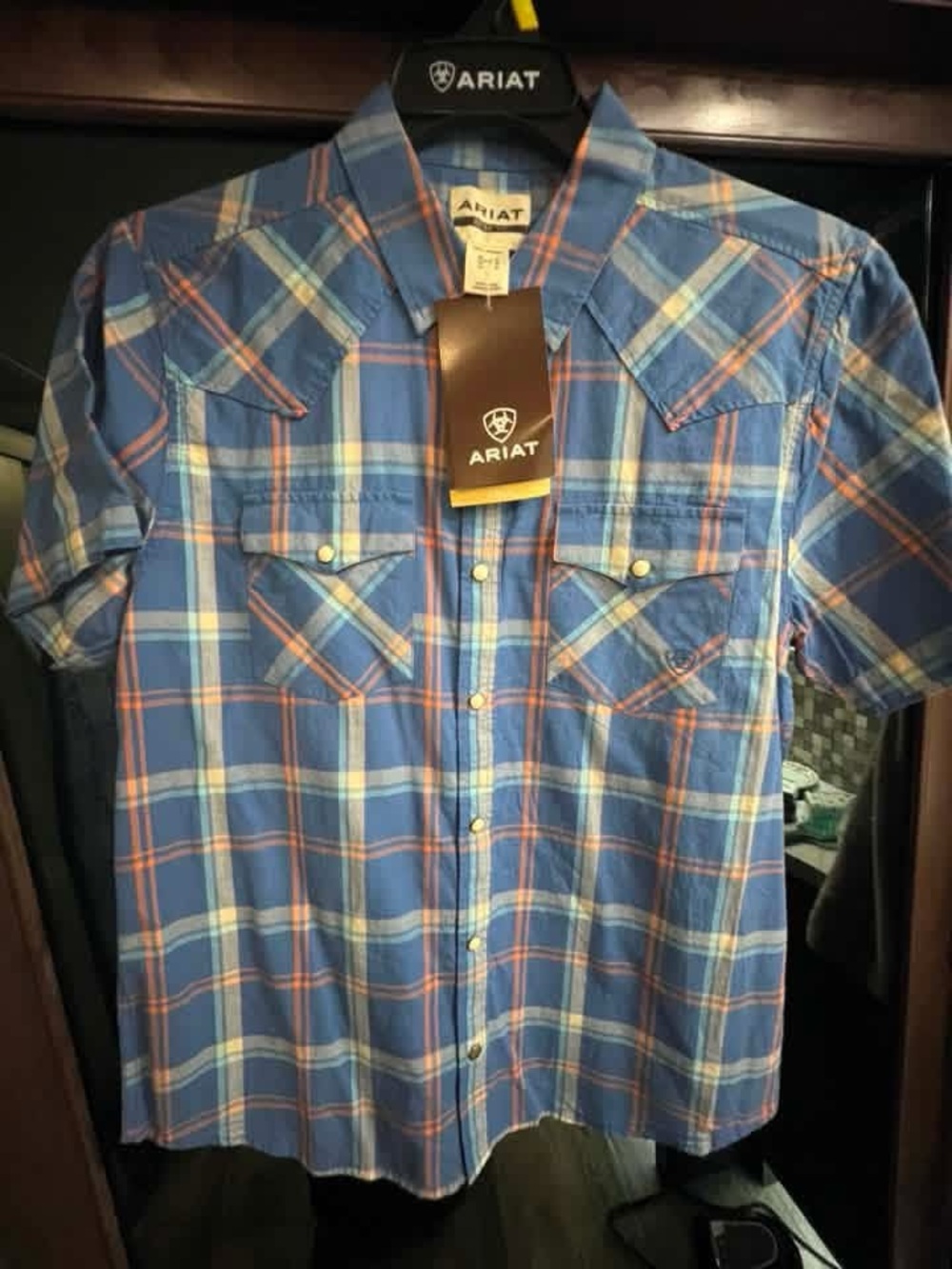 Ariat Short-Sleeve Blue Plaid Western Shirt with Orange Accent